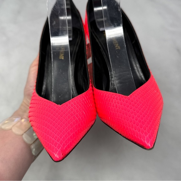 Saint Laurent Zoe 105 Ankle Strap Leather Snakeskin Pointed Toe Pump Heels Neon - Picture 5 of 16